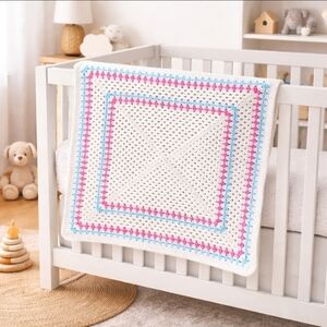 Handmade Crocheted Granny Square White Crib Baby Blanket / Lap Blanket New